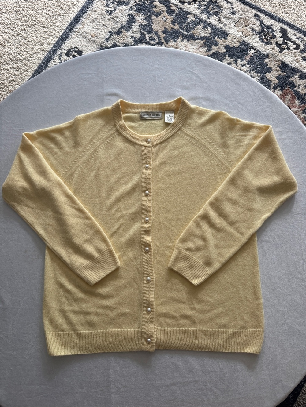 Studio Works Vintage Butter Yellow Cardigan with Faux Pearl Buttons